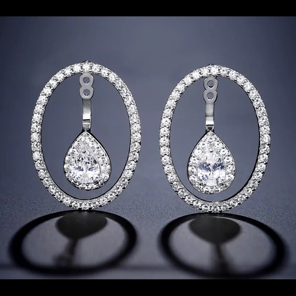 Stunning White Gold Oval Crystal Jacket Earrings